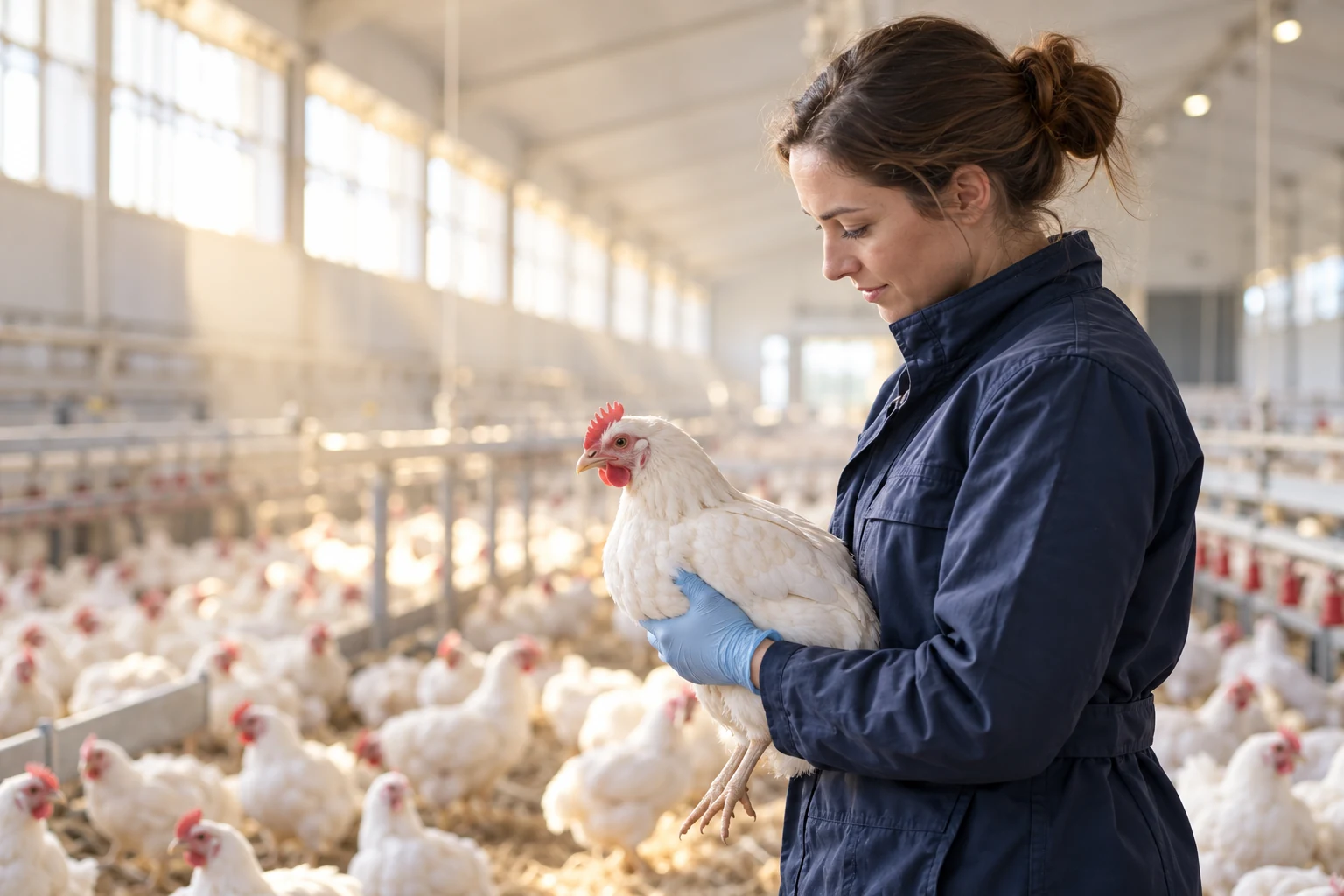 Illustrative veterinarian gently examining a healthy hen