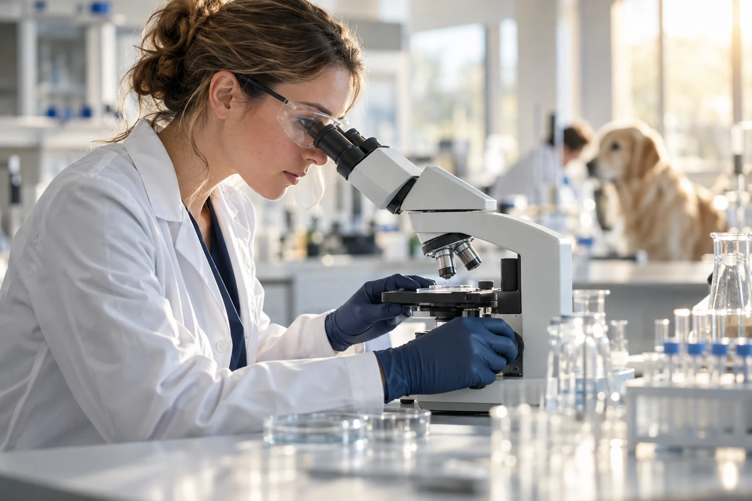 Scientist working with a microscope in a veterinary laboratory
